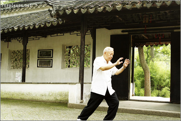 苏州园林拙政园 老人打太极拳